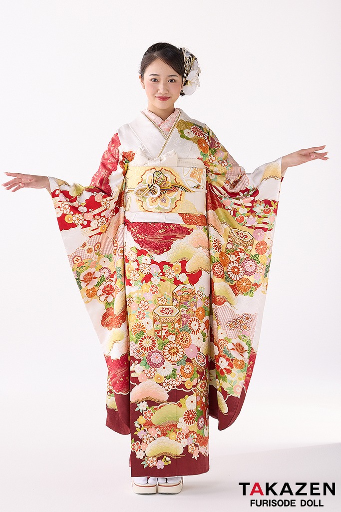 プレミアム古典 吉澤織物/最高級金彩手描友禅 白/赤 おしとやか 綺麗