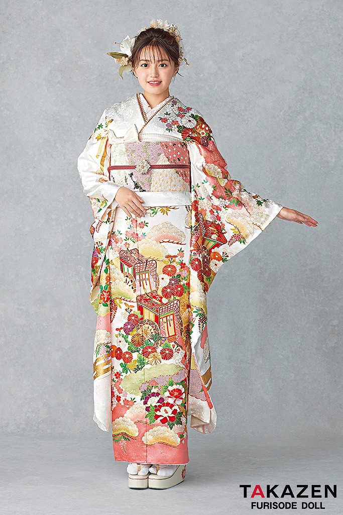 最高級古典柄振袖 吉澤織物/文楽/人間国宝吉田簑助 白/ピンク 御所車