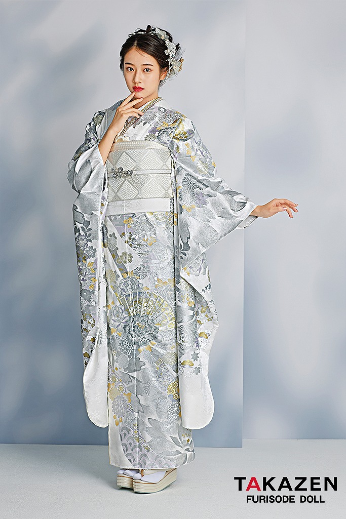 最高級古典柄振袖 関芳/最高級金彩刺繍友禅 白/シルバー 扇面 キラキラ