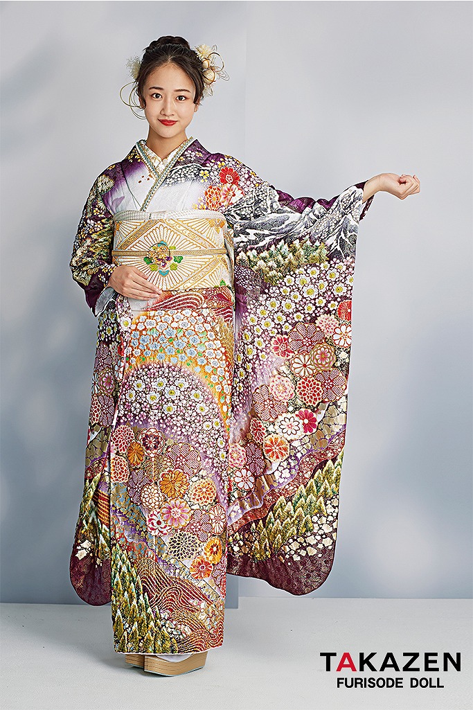 最高級古典柄振袖 関芳/最高級金彩刺繍絞り友禅 白/ボルドー 藤/桜/菊