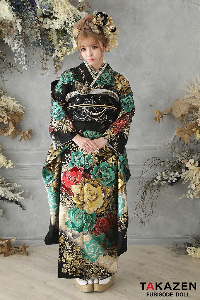 グラマラスモード 赤/黒/グリーン(緑色) バラ柄 目立つ 派手振袖ネット