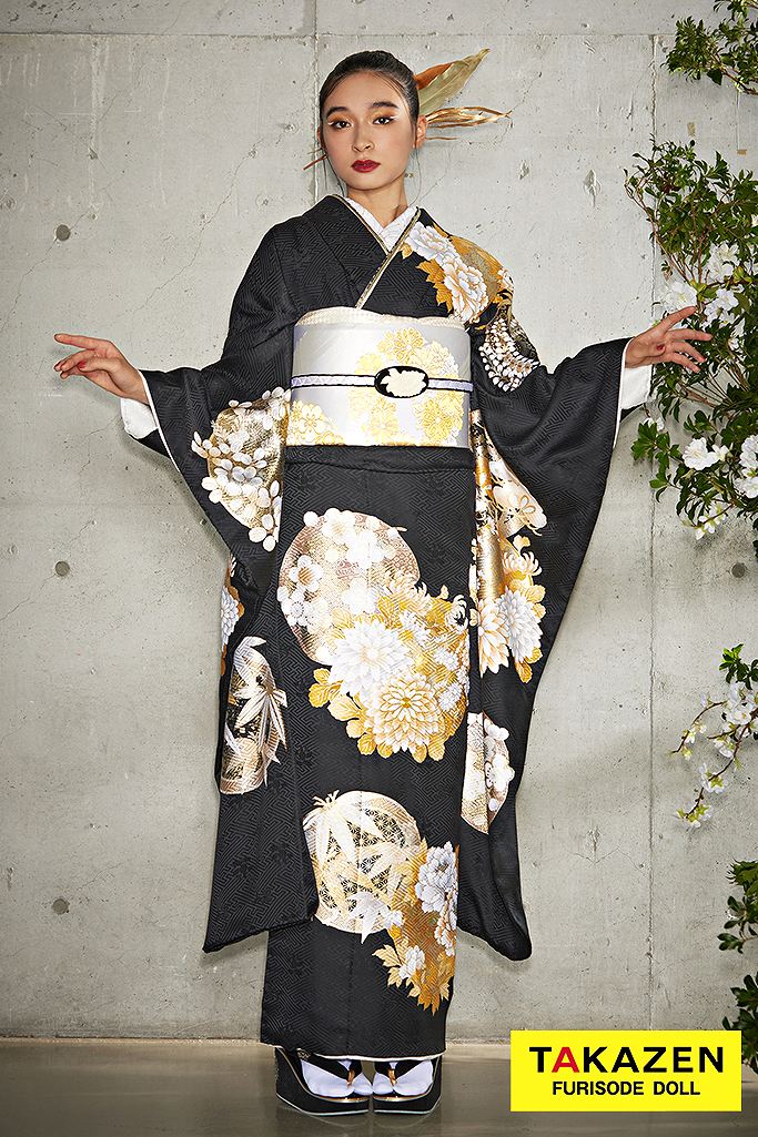 粋古典 黒地/金/ゴールド 菊柄 かっこいい 渋い シンプル振袖ネット