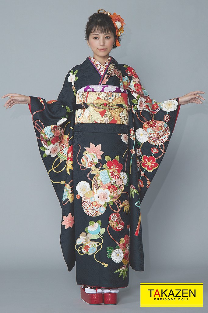 正統派古典 黒/オレンジ 毬柄 シンプル 大人っぽい古典振袖ネット