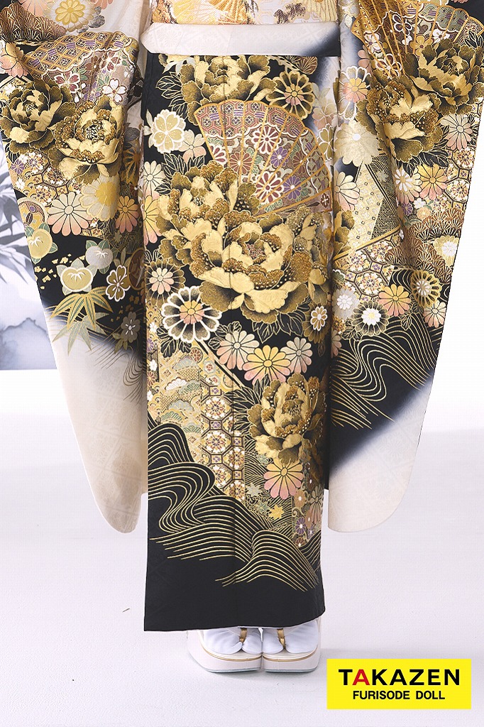 正統派古典 白/黒/ゴールド(金色) 牡丹柄 最高級 エレガント 金彩古典