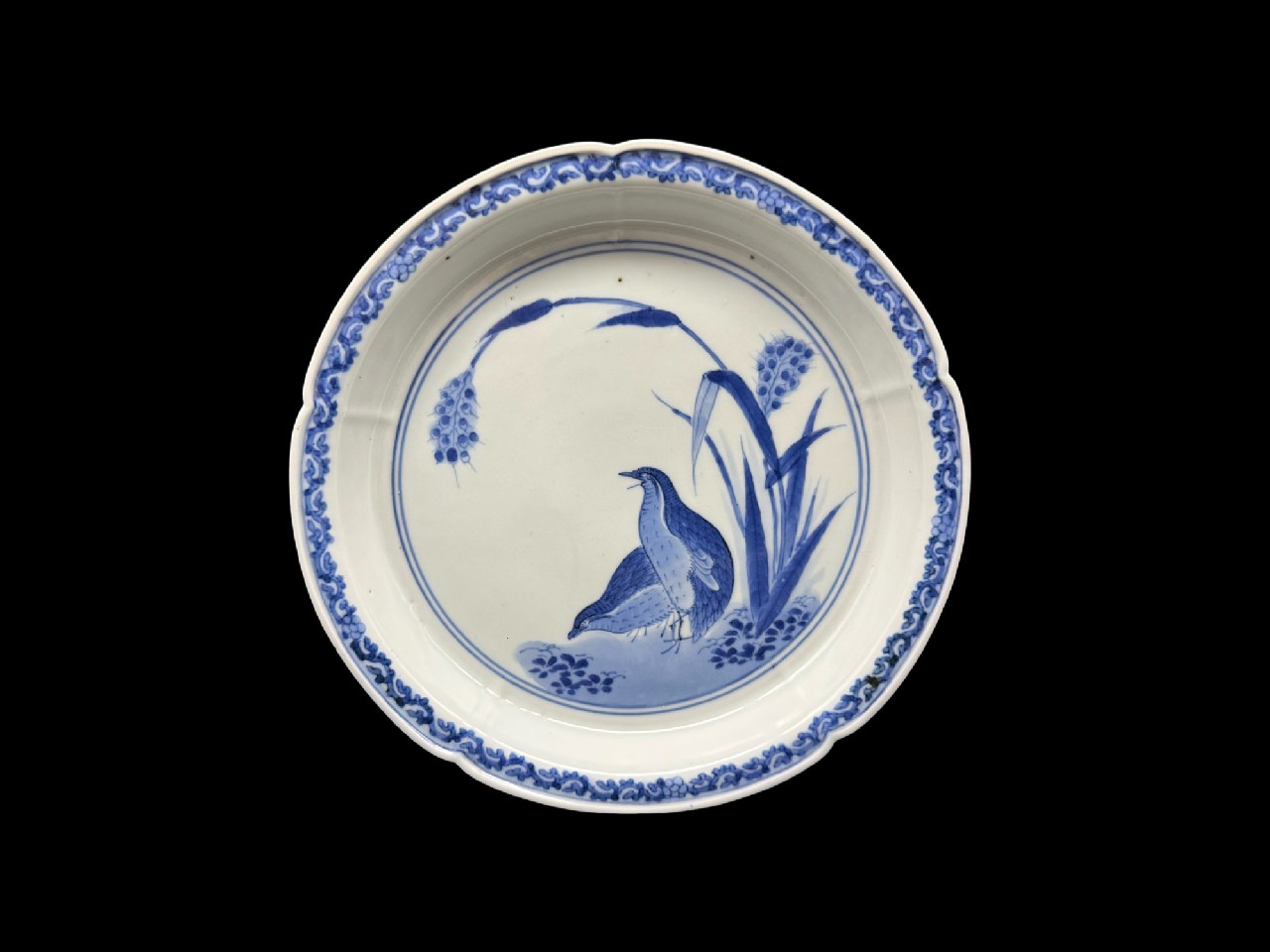 ギャラリー安原 / ご売約 藍柿右衛門 粟に鶉文輪花中皿