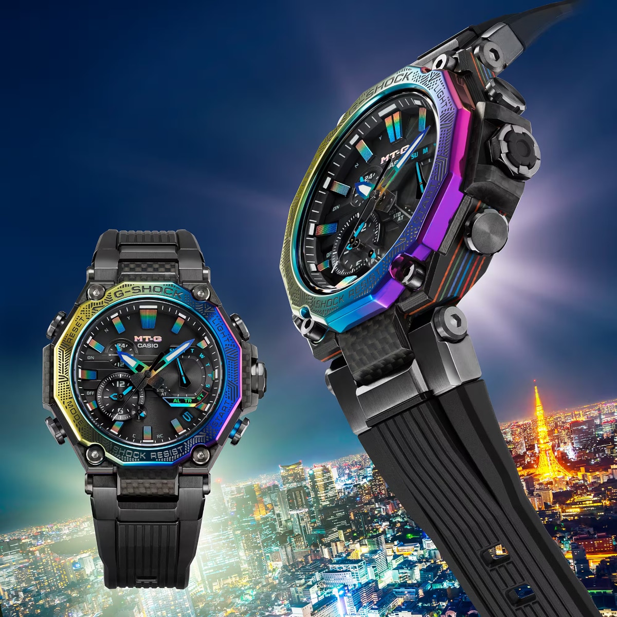 G-Shock MTG-B2000YR-1A with city-inspired rainbow IP etched bezel