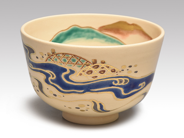 永楽善五郎(即全)造 仁清写「川」 色絵金銀彩茶碗 共箱 | 古美術ささき