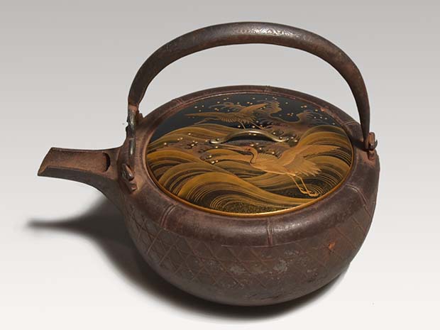 燗鍋 銚子 竹垣文に銀象嵌手付 鶴に波頭蒔絵蓋付 江戸時代 | 古美術ささき