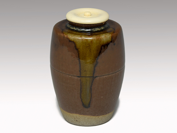 膳所焼 肩衝茶入 淡海ぜぜ 陽炎園造 共箱 象牙蓋 仕覆（獅子狩文様錦