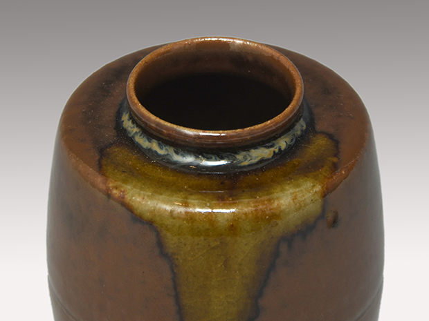 膳所焼 肩衝茶入 淡海ぜぜ 陽炎園造 共箱 象牙蓋 仕覆（獅子狩文様錦