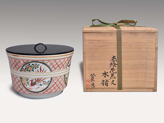 五代 三浦竹泉(作) 赤絵花鳥文水指 共箱 誂え塗蓋付 | 古美術ささき