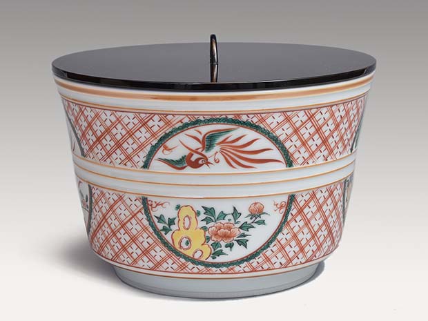 五代 三浦竹泉(作) 赤絵花鳥文水指 共箱 誂え塗蓋付 | 古美術ささき