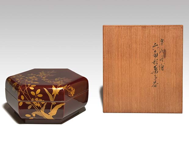 草花蒔絵 六角形菓子器 平安 西村象彦 逸品作 共箱 喰籠 | 古美術ささき