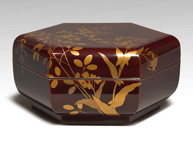 草花蒔絵 六角形菓子器 平安 西村象彦 逸品作 共箱 喰籠 | 古美術ささき
