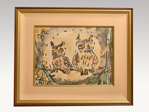 棟方志功(作) 「みみずく図」 彩色倭画 鑑定委員会シール付 | 古美術ささき