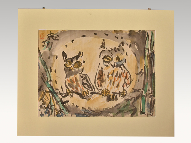 棟方志功(作) 「みみずく図」 彩色倭画 鑑定委員会シール付 | 古美術ささき