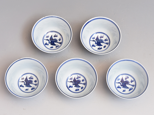 初代 篩月庵 三浦竹泉(作) 倣古青華鳳凰鶴図煎茶碗5客 共箱 | 古美術ささき