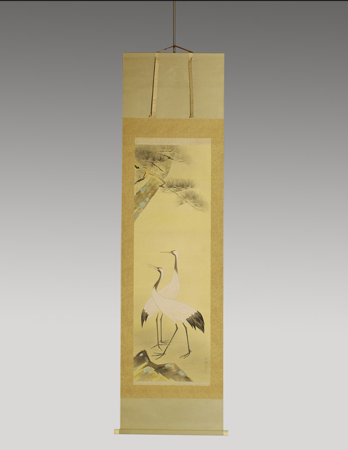 掛軸 三石紅樹(画) 老松双鶴図 絹本彩色 共箱 院展 美品 | 古美術ささき