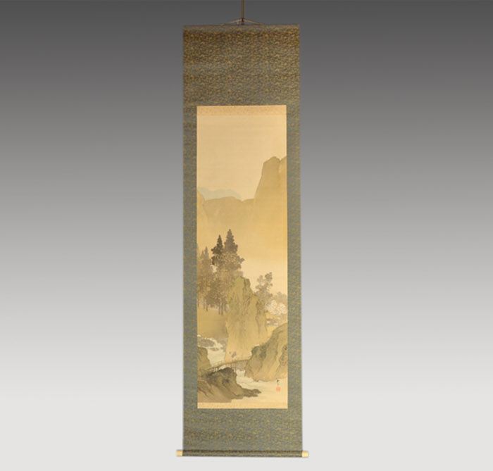 掛軸 田中頼章(画) 絹本彩色 「春景山水図」 共箱 | 古美術ささき