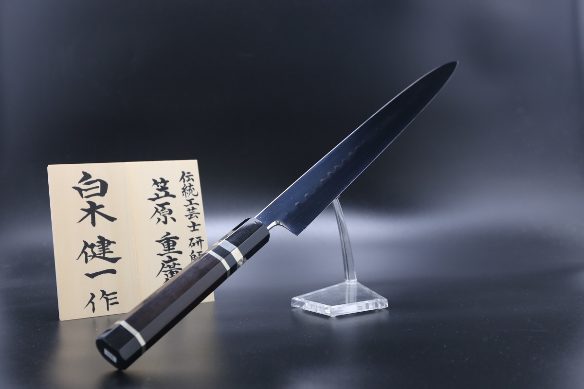 柳刃 白鋼 330mm 油本焼 表鏡面 波浮かし 黒檀柄 鞘付き 白木健一作