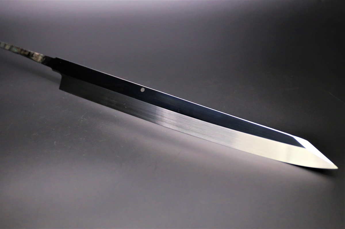 切付柳刃 白一鋼 水本焼 360mm 富士掛かり満月 両鏡面 八角黒檀柄 玄海