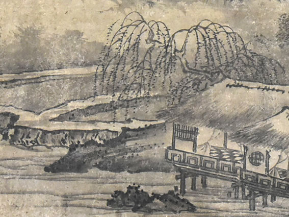 真作/森琴石/青緑春景山水画賛/軸先紫檀/桐題箱付/布袋屋掛軸HB-767 真