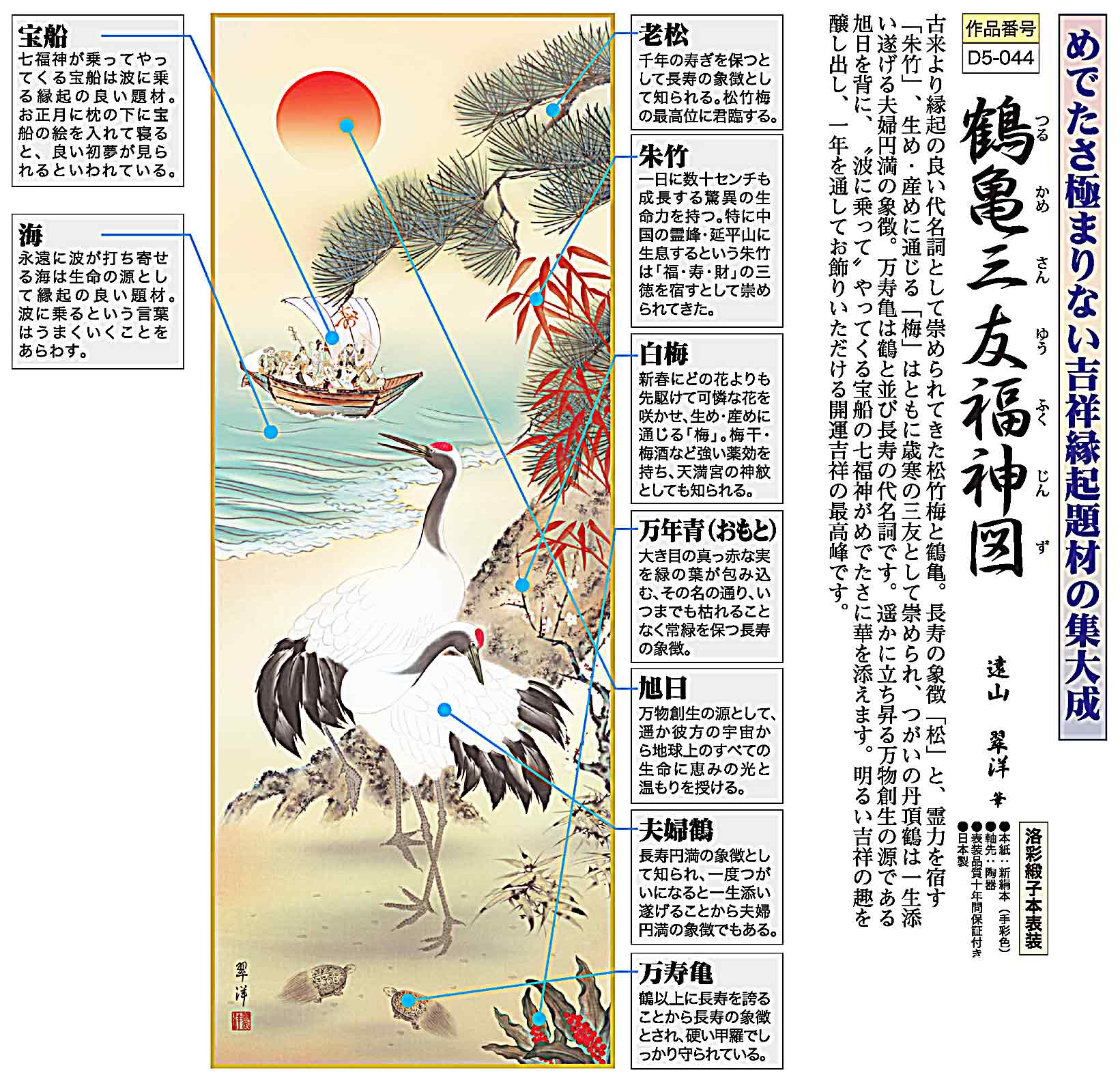 鶴亀三友福神図 遠山翠洋 尺三！ 開運画 - 掛け軸（掛軸）販売通販なら