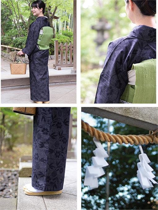 銀座【着物2313】本場結城紬 紫黒色 笹蔓文 (証紙付・しつけ付) – 銀座