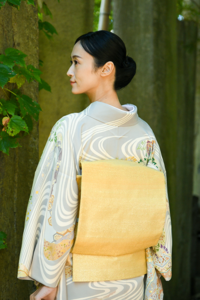 銀座【帯4536】西陣 桝屋高尾製 ねん金綴錦 袋帯「段霞文」 – 銀座