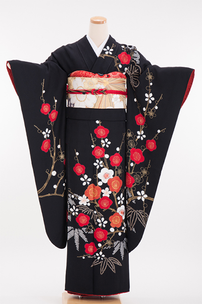 正絹・振袖レンタル【姉妹・友人向け】140089 黒地 赤梅 松 竹