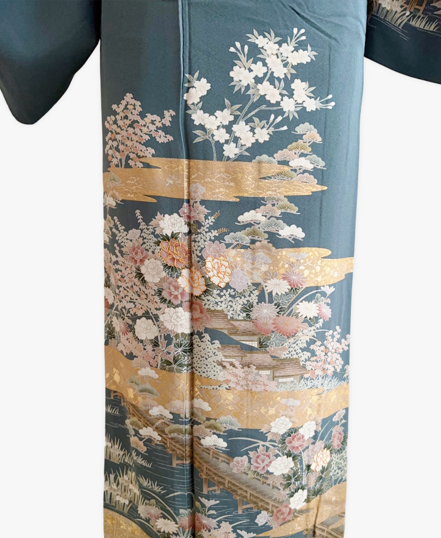 訪問着レンタル・藍色 青系 駒刺繍 金彩 牡丹 松 風景 FW708 – 宅配