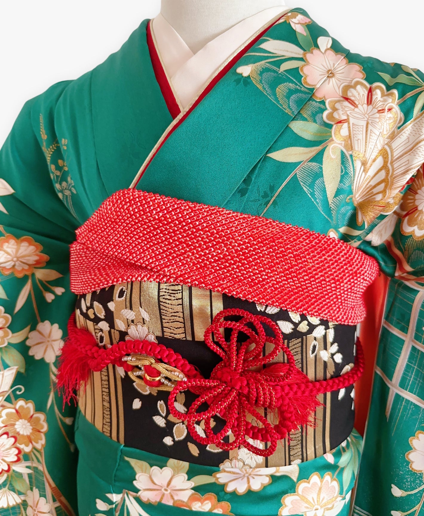 振袖フルセット6点サイズM〜L相良刺繍 振袖 流水花文 暈し染め 金彩