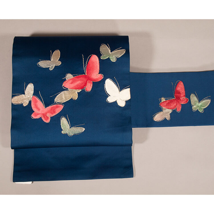 紺地 蝶柄 名古屋帯