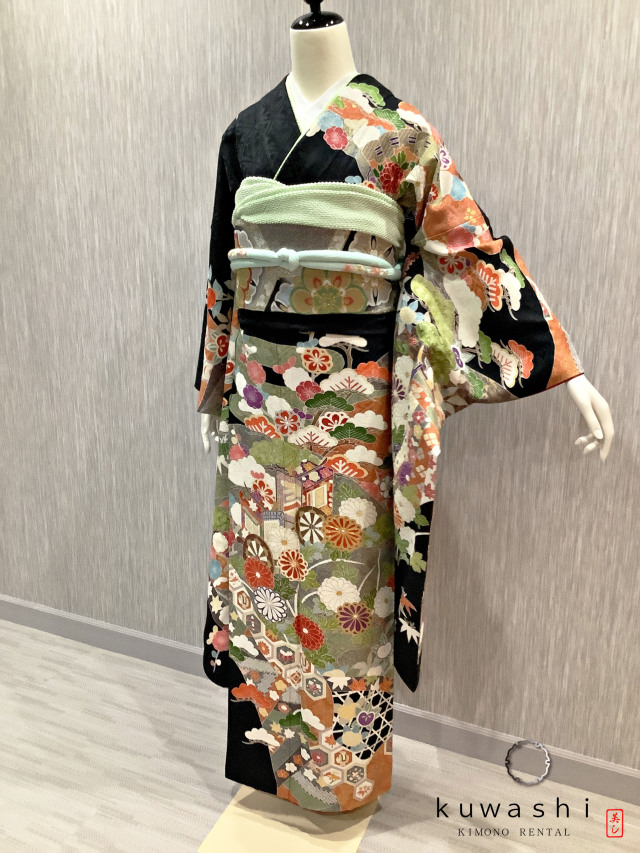 正絹振袖レンタル】 80034 黒地吉祥四季花御所車正絹振袖袋帯