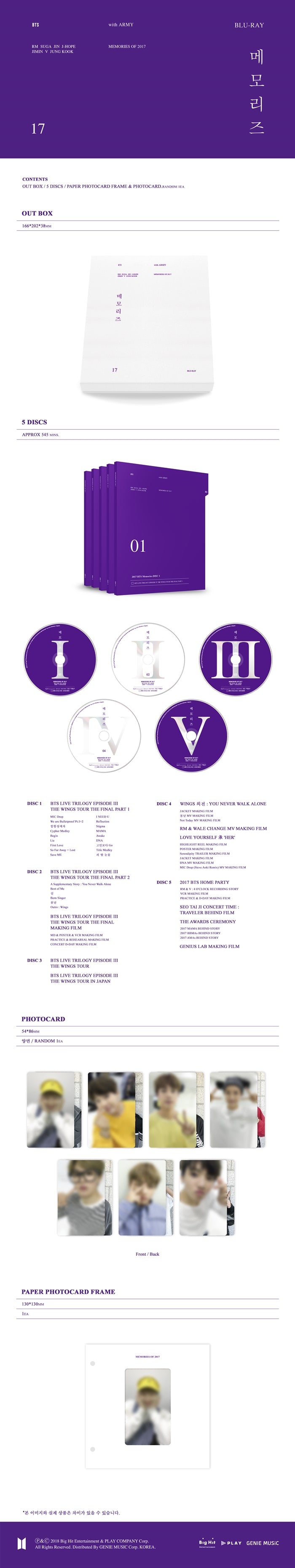 BTS - [Memories Of 2017] Blu-Ray+Paper PhotoCard Frame+1p