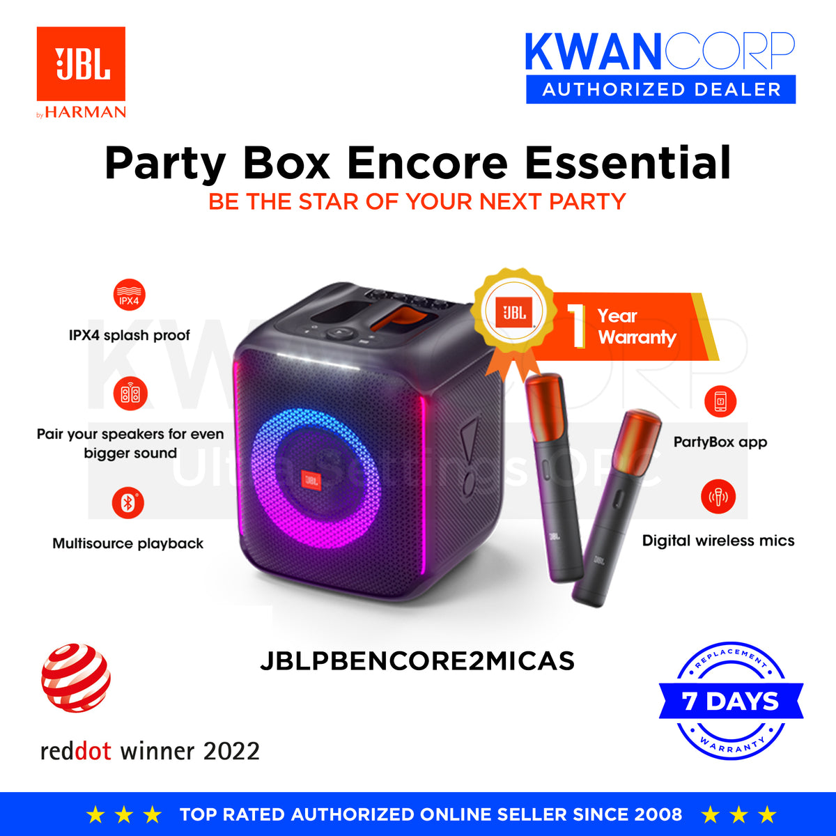 JBL Partybox Encore with 2 wireless mics splashproof portable party sp
