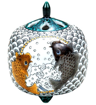 香炉/香立て》 九谷焼香炉 青海波夫婦鯉：福田良則作（木箱付・送料