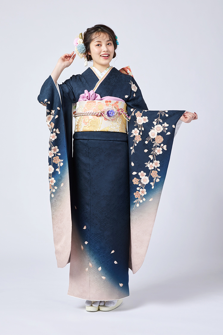 No.1095 【ご好評により完売】【新品振袖/京友禅】【紺】ネイビーと