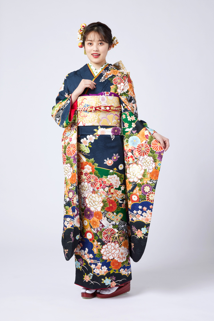 No.1099 【新品振袖/京友禅】【紺・青】青と緑の大人な配色の地色の中