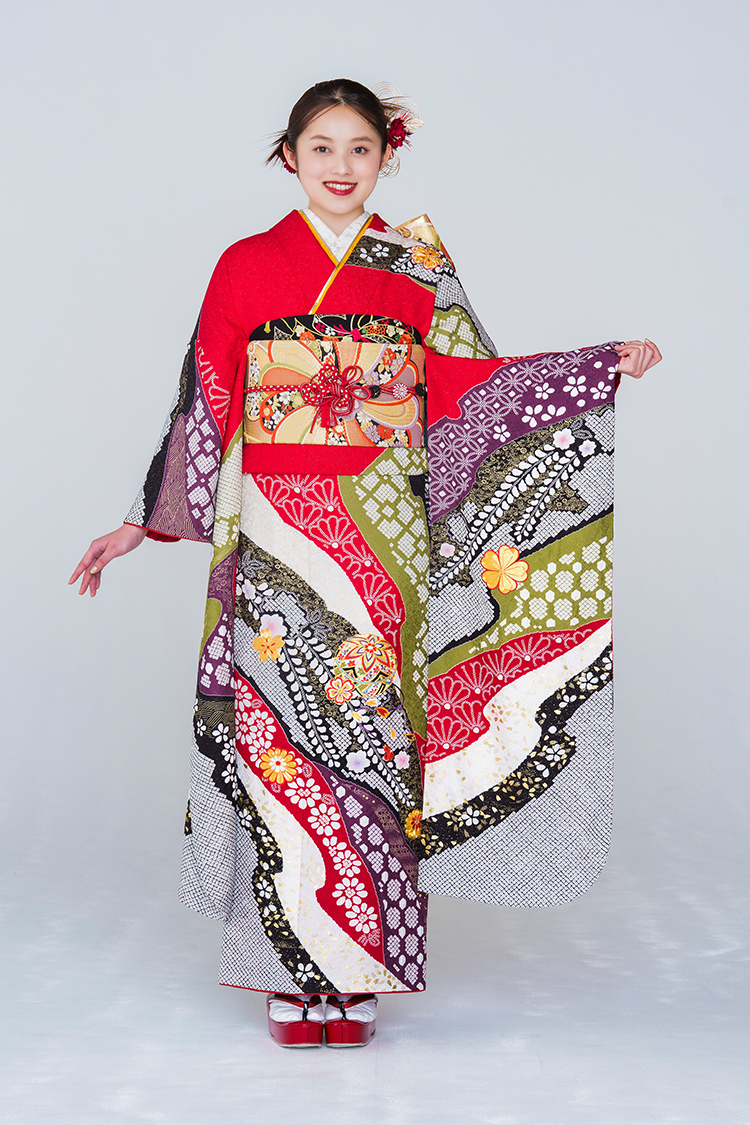 No.210 【新品/京友禅】人気の赤色振袖に藤や菊の花が咲き誇る、王道