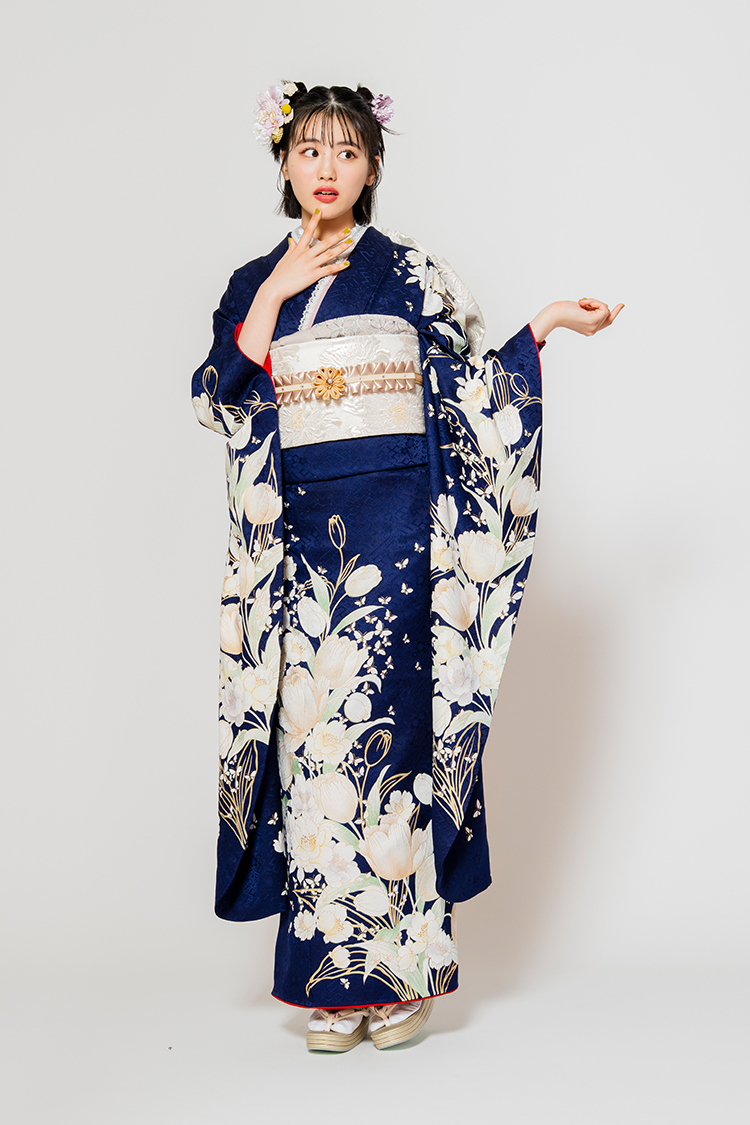 No.1032 【新品振袖/京友禅】【紺・青】ネイビーに白のチューリップの
