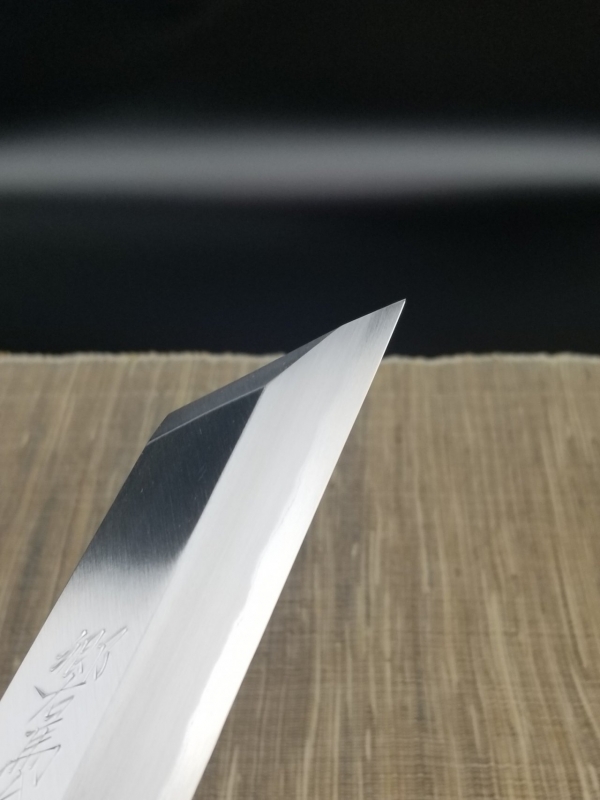 ケンムキ包丁☆白2鋼 185mmマチ 本鍛造・縞黒檀口輪柄☆ 鞘付き