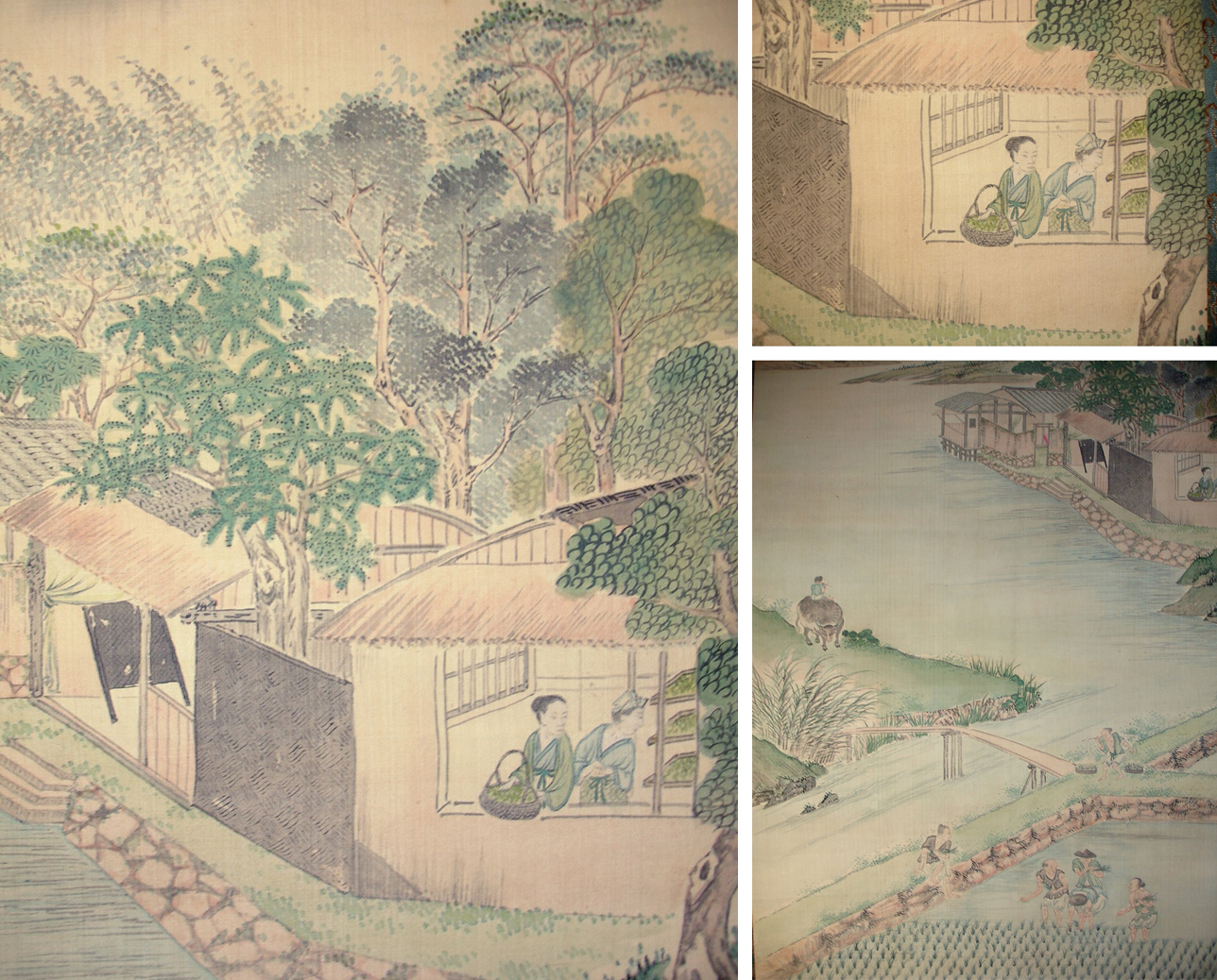 渡辺崋山】真筆 絹本着色 田園耕織図双幅 | 骨董・美術品の高価買取