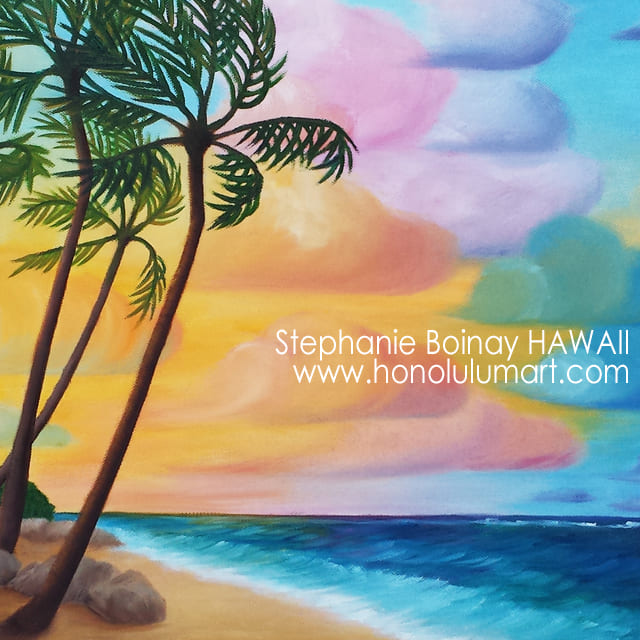 ヤシの木とかわいい綿あめ雲の海景色の絵 | ハワイアン雑貨通販