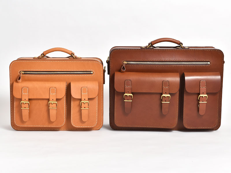 ポケットを顔にした遊び心満載の箱型鞄2wayビジネスバッグ / 革鞄の