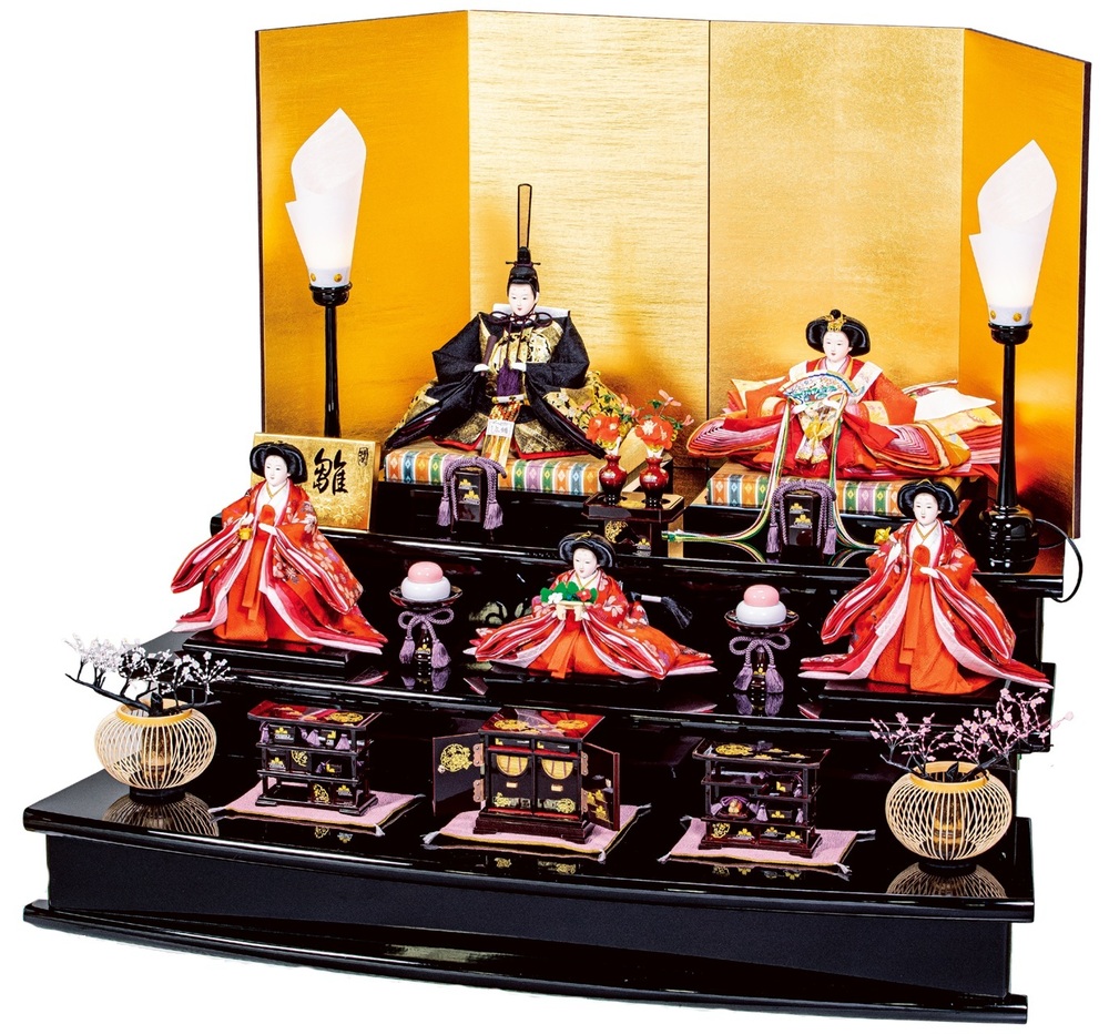雛人形 三段五人飾りセット【P84101】 黄金色の屏風に存在感のあるの華