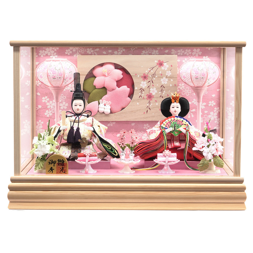 雛人形 ガラスケース飾り【P85305】 春らしい淡いピンクが魅力的