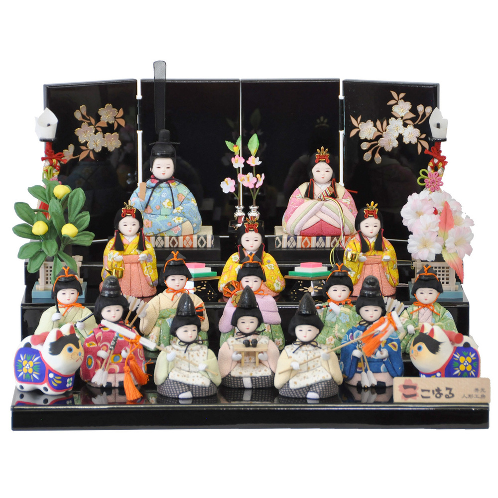 雛人形 木目込み15人飾り【P83448】 パステルカラーのお衣裳で揃えた