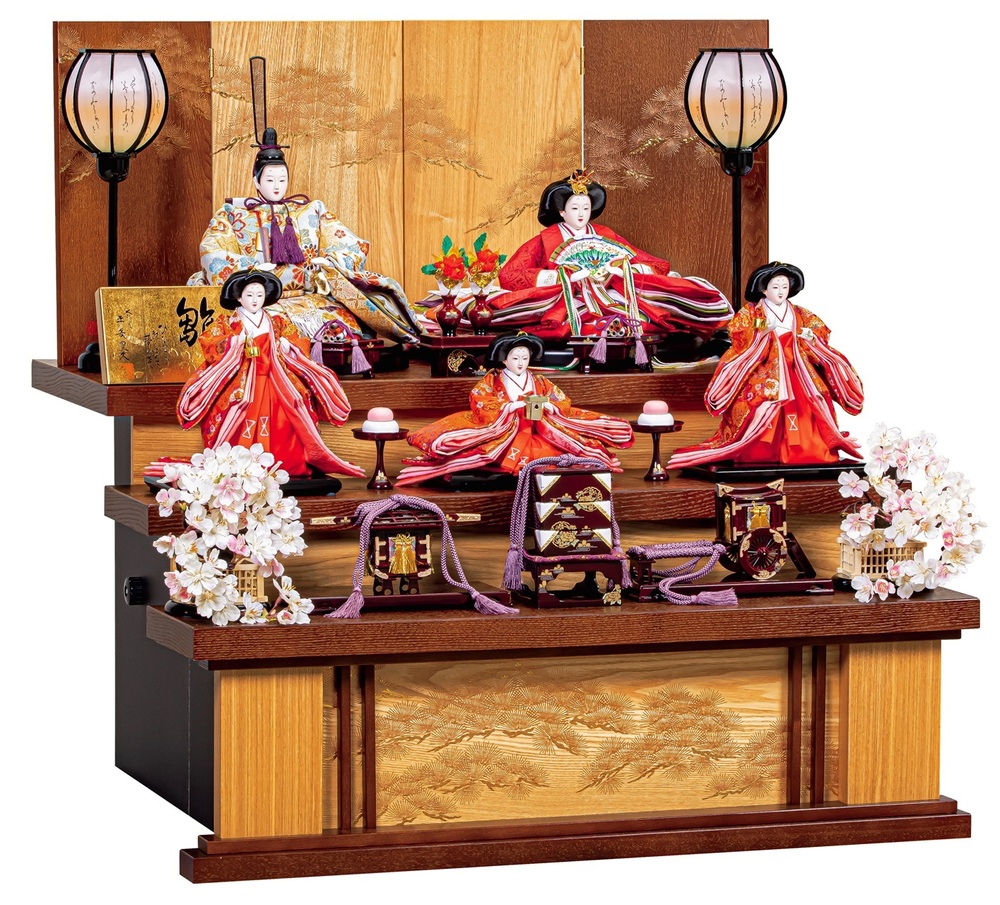 雛人形 三段五人飾りセット【P82112】 木のぬくもりに包まれ凛として