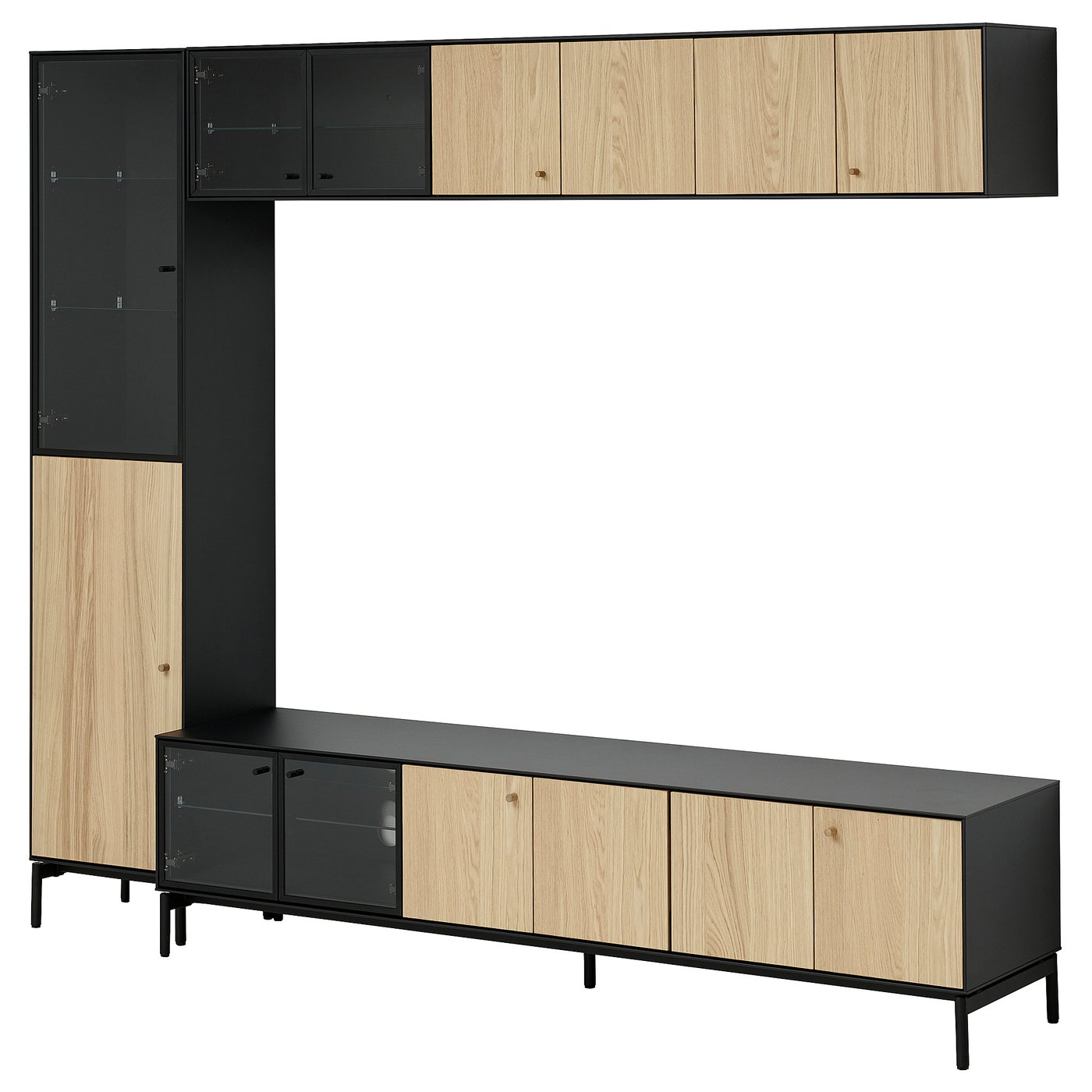BOASTAD TV storage combination, black/oak veneer, 873/4x165/8x727